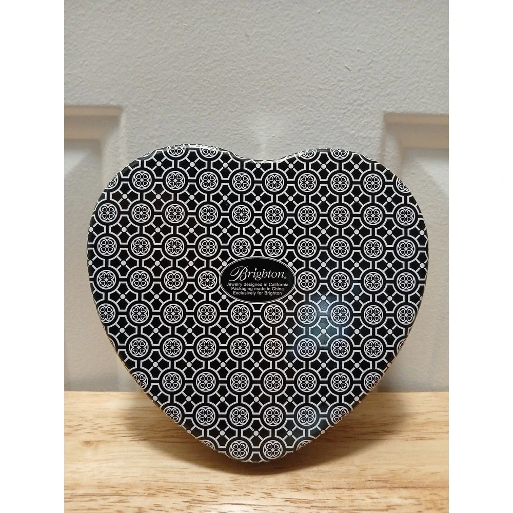 Brighton Black White Heart Shaped Tin Container Jewelry Box Trinket Box - Picture 3 of 6